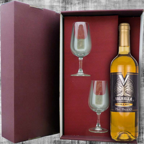 Gift box Mead Valhalla Doble miel 75cl and 2 wine glasses