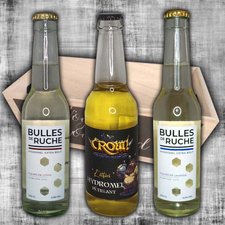 Wooden gift box Crom l’Éthéré + Bulle de Ruche Lavande + Bulle de Ruche Fleur de Litchi, 3×33 cl