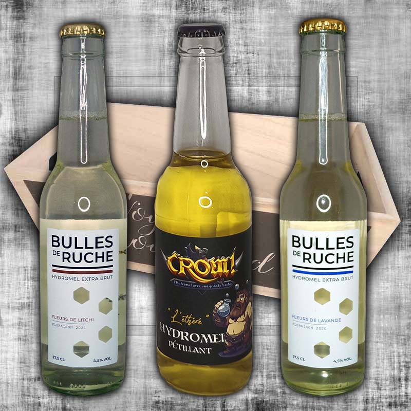 Wooden gift box Crom l’Éthéré + Bulle de Ruche Lavande + Bulle de Ruche Fleur de Litchi, 3×33 cl