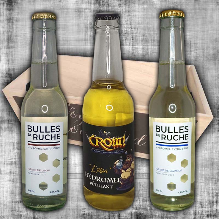 Coffret cadeau bois — Crom l’Éthéré + Bulle de Ruche Lavande + Bulle de Ruche Fleur de Litchi, 3×33 cl