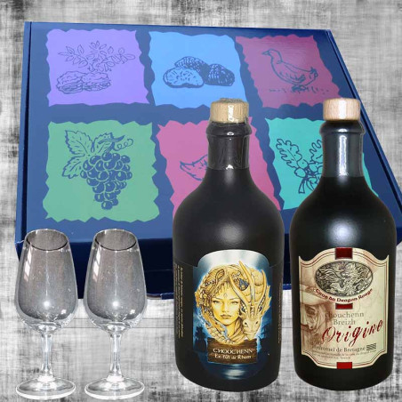 Cardboard box containing two exceptional chouchens (2x50cl) and two tasting glasses